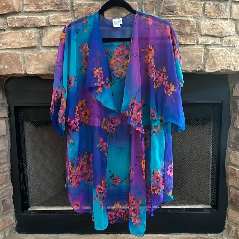 Circa 2000 purple, blue, pink and orange swimait coverup with ruffles.  Large